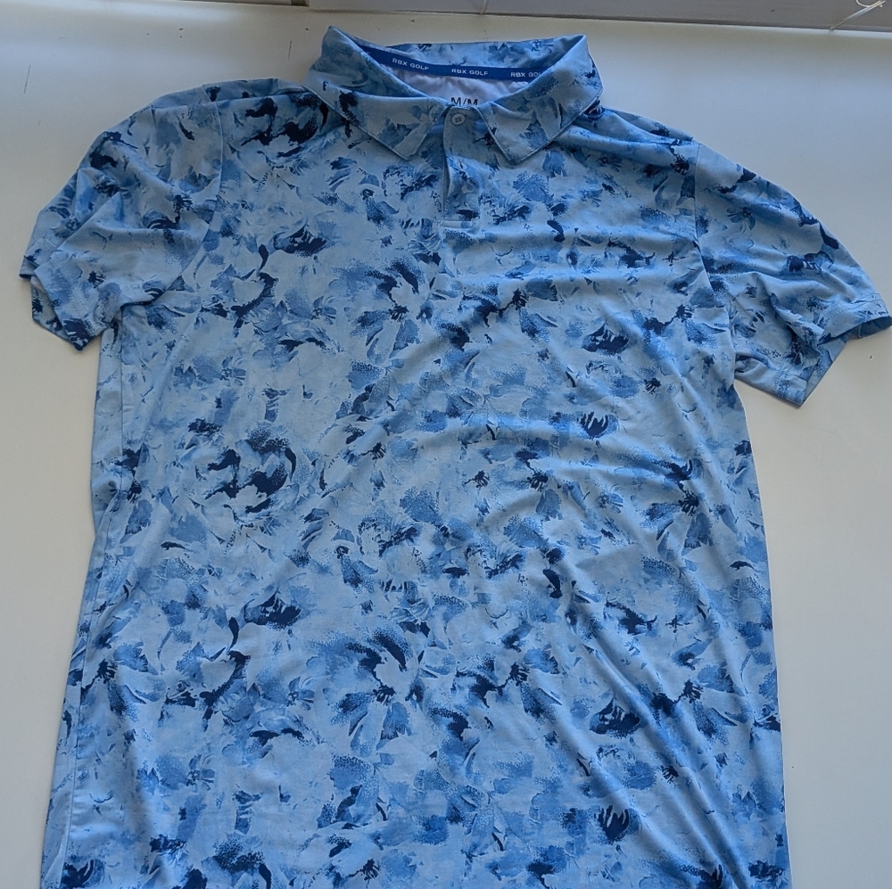 RBX Golf Blue Floral Watercolor Print‎ Performance Polo Shirt Men’s Medium